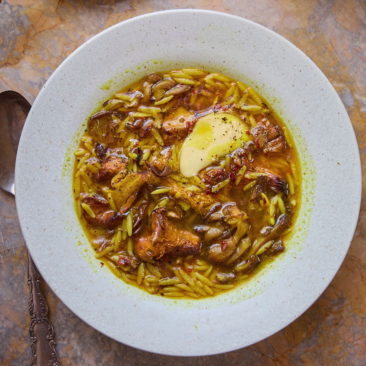 Golden Mushroom Soup With Orzo & a Pat of Butter
