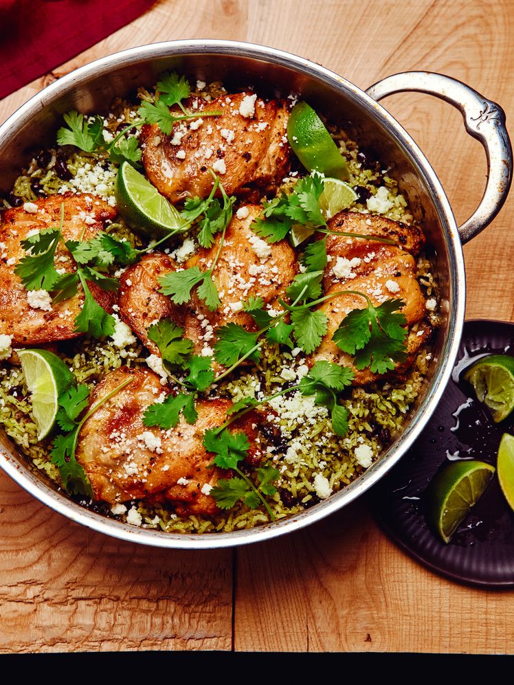 One-Pot Chicken Thighs With Cilantro Rice and Beans