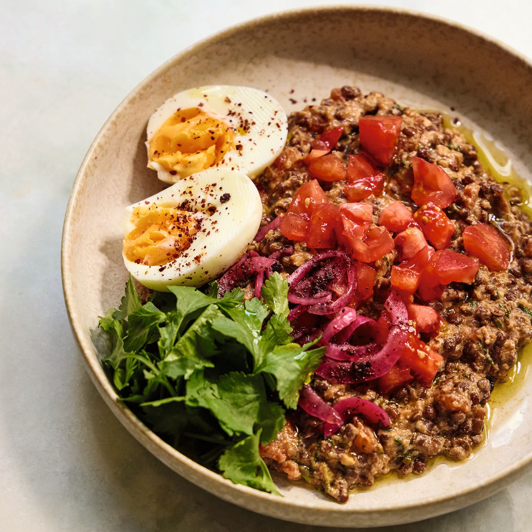 Crushed Lentils With Tahini & Soft-Boiled Eggs