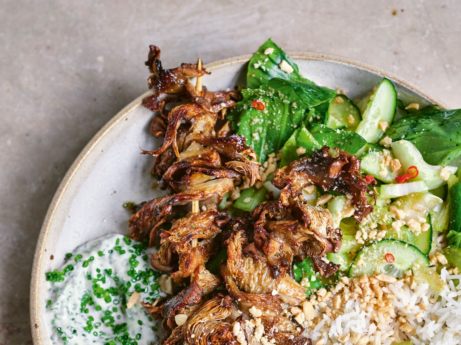 Crispy Oyster Mushroom Skewers With Bok Choy Salad
