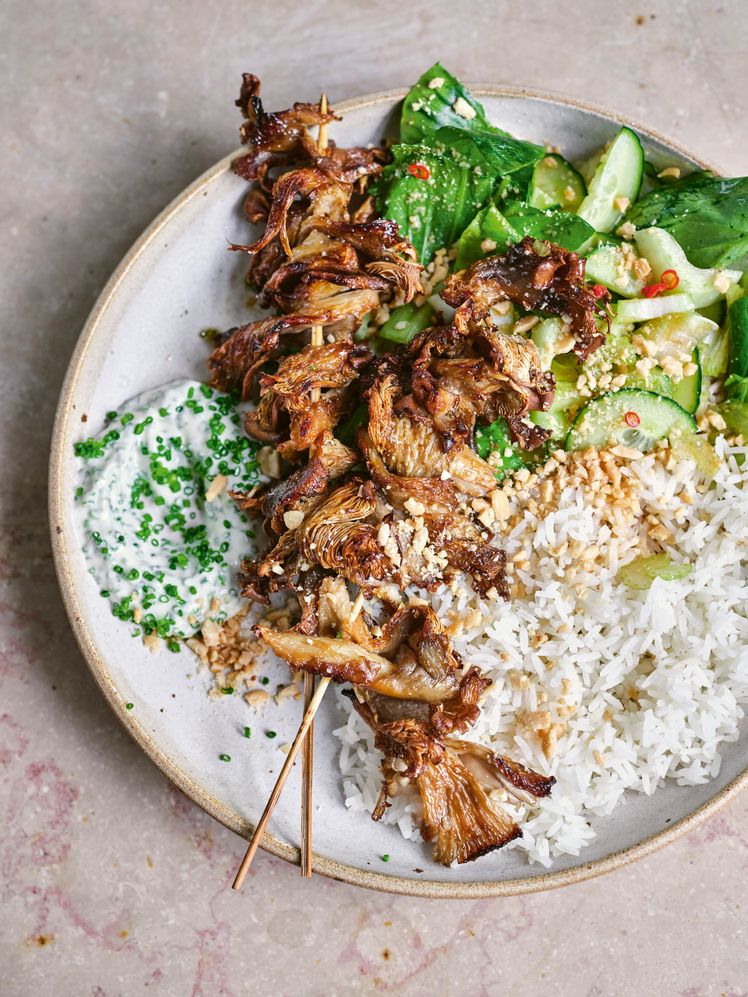 Crispy Oyster Mushroom Skewers With Bok Choy Salad