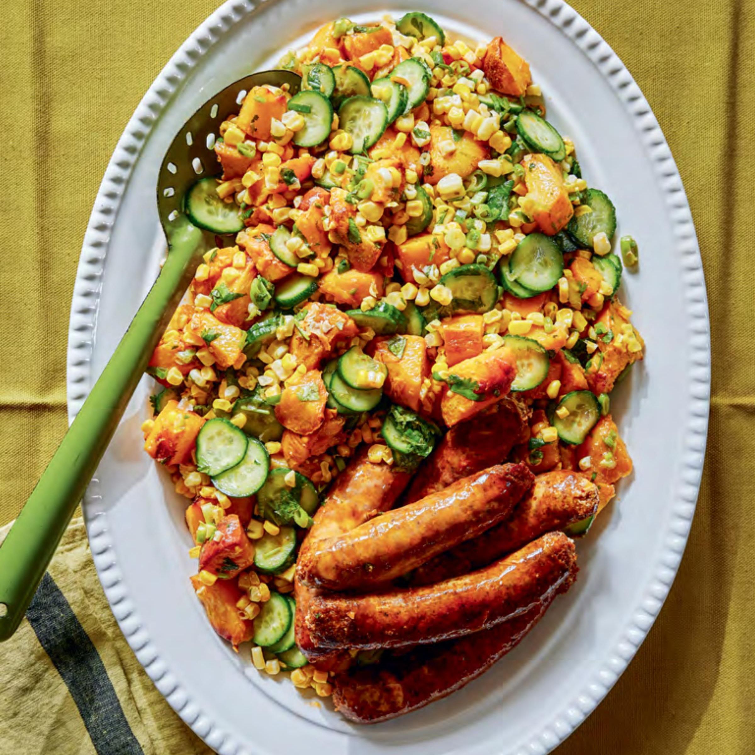 Sheet-Pan Sausage With Corn, Peach, and Cucumber Salad